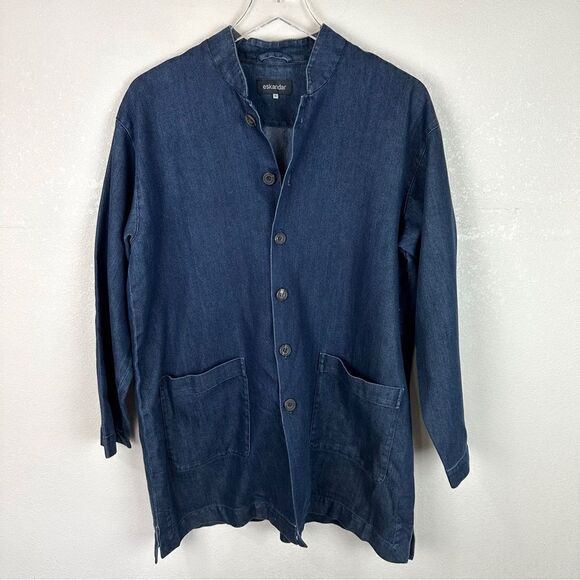 Eskandar Blue Denim Jean Silk Cotton Over Coat Jacket Size 0 - Picture 1 of 9